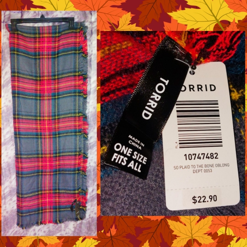 Torrid brand Red/Gray/Multicolor Plaid Rectangular Knit Scarf/Wrap 1 Sz Fits All